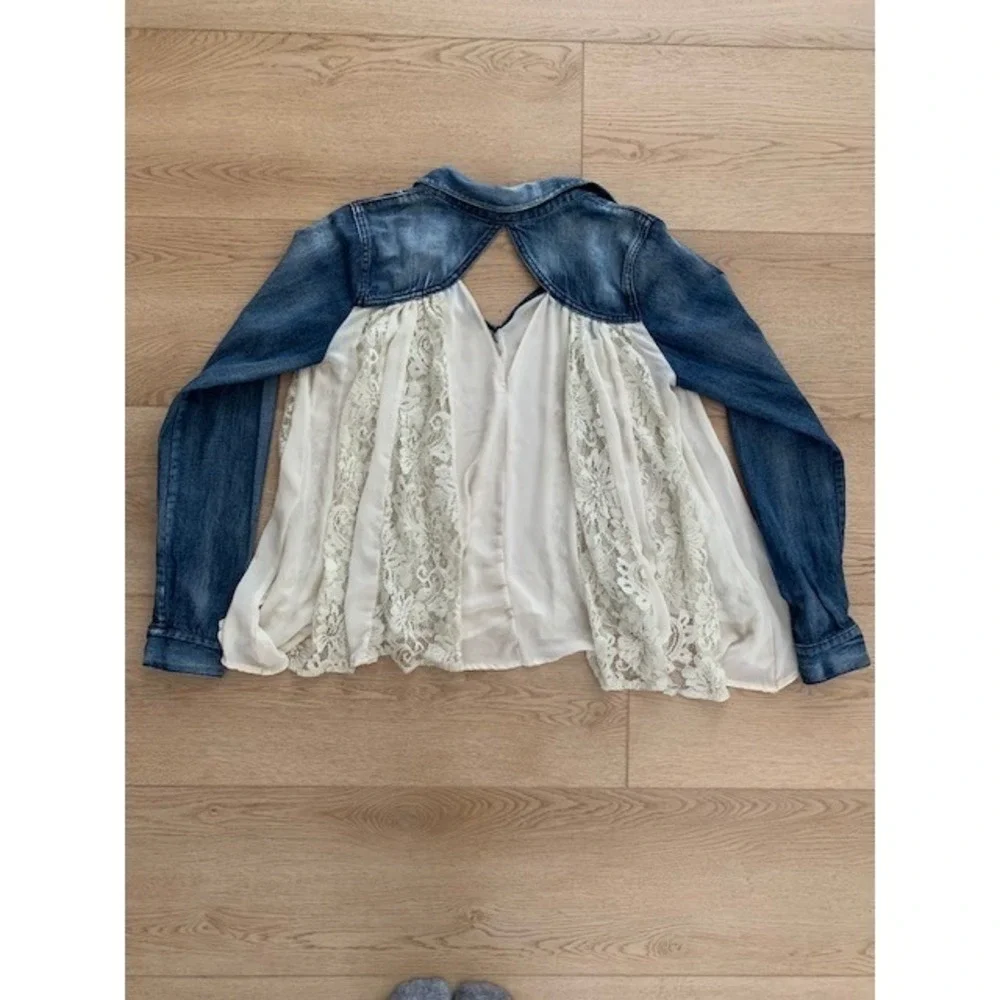 Free People Cream Lace Front Denim Contrast Top